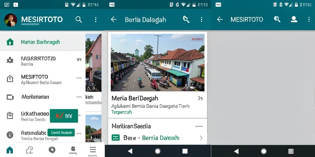 Antarmuka aplikasi MESIRTOTO menampilkan berita daerah terkini.