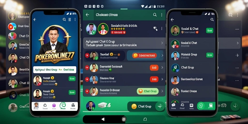 Screenshot antarmuka POKERONLINE77 menampilkan fitur Chat Grup yang interaktif.